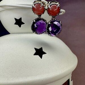 David Yurman Chatelaine Sterling Silver Amethyst/Guava Drop Dangle Earrings